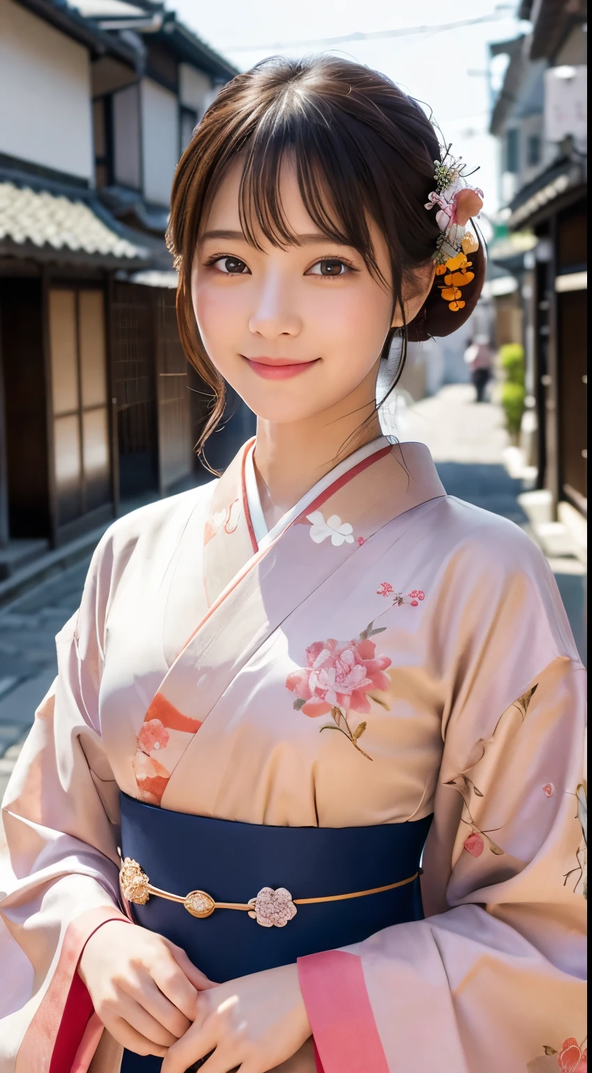 Professional Lighting,(Realistic:1.4), (Top image quality:1.0), (超High resolution:1.0), 8K, Raw photography, (masterpiece:0.2), (Dealing with the Children_v1:0.5)、(最高quality Detail:1.2)、Realistic、8K Ultra HD、High resolution、(1 Girl:1.2)、超detailedな、High quality textures、複雑なdetailed、detailed、Very detailed CG、High quality shadows、detailed 美しく繊細な顔、Beautiful details and a delicate eye、(Symmetrical eyes:1.2),Written boundary depth、Ray Tracing,1 Girl, Japanese Girls, (Natural smile:1.4),cute, thin, Portrait of a beautiful Japanese woman in a kimono, Standing elegantly on a street corner in Kyoto. Kimono with vibrant traditional patterns, Hair decorated with elegant and delicate hairpins, Gentle expression. (With the old streets of Kyoto in the background:1.4)、The soft light of a spring afternoon、Adding tranquility to the scene. Rendered in a Realistic style with great attention to detail, High resolutionの画像.Sky Porn, Magic Hour, (Realistic:1.3), finely, quality, (Tabletop:1.2), (Realistic:1.2), (最高quality), (複雑なdetailed), dramatic, Ray Tracing, photograph, +roller