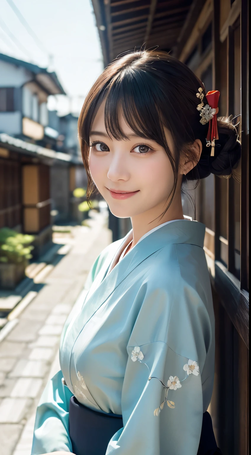 Professional Lighting,(Realistic:1.4), (Top image quality:1.0), (超High resolution:1.0), 8K, Raw photography, (masterpiece:0.2), (Dealing with the Children_v1:0.5)、(最高quality Detail:1.2)、Realistic、8K Ultra HD、High resolution、(1 Girl:1.2)、超detailedな、High quality textures、複雑なdetailed、detailed、Very detailed CG、High quality shadows、detailed 美しく繊細な顔、Beautiful details and a delicate eye、(Symmetrical eyes:1.2),Written boundary depth、Ray Tracing,1 Girl, Japanese Girls, (Natural smile:1.4),cute, thin, Portrait of a beautiful Japanese woman in a kimono, Standing elegantly on a street corner in Kyoto. Kimono with vibrant traditional patterns, Hair decorated with elegant and delicate hairpins, Gentle expression. (With the old streets of Kyoto in the background:1.4)、The soft light of a spring afternoon、Adding tranquility to the scene. Rendered in a Realistic style with great attention to detail, High resolutionの画像.Sky Porn, Magic Hour, (Realistic:1.3), finely, quality, (Tabletop:1.2), (Realistic:1.2), (最高quality), (複雑なdetailed), dramatic, Ray Tracing, photograph, +roller