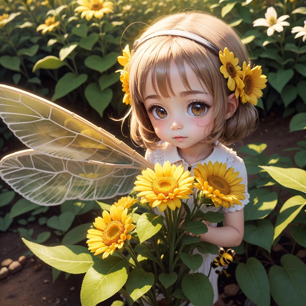cute little bee girl flower transparent wings