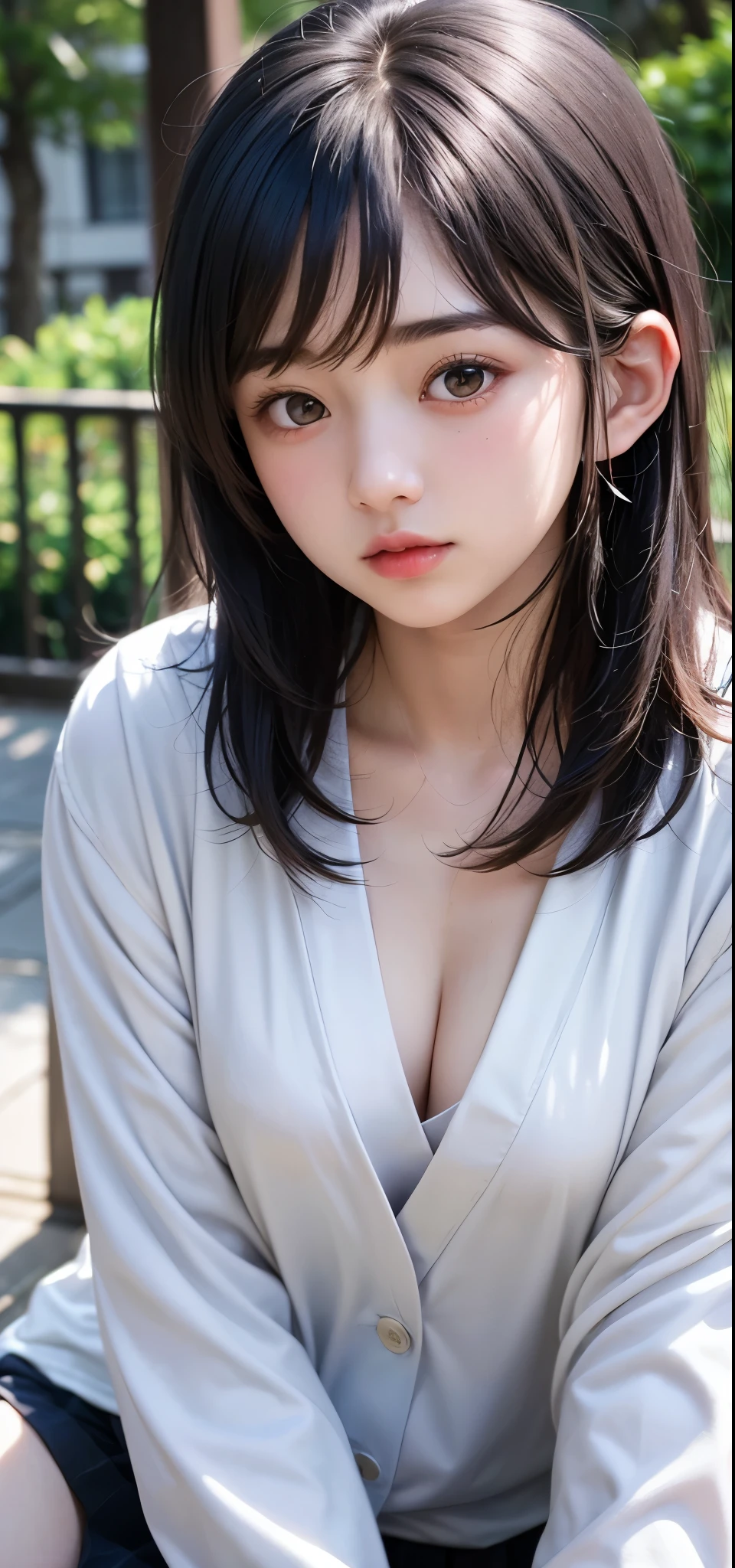 (1 nogizaka girl,15years old face,raw photo,photo realistic:1.5),(best quality, high quality,HDR, highest quality,ultra high resolution,high resolution,high res,ultra high difinition,huge file size,8K,2K wallpaper,8K wallpaper,high quality texture,amazing,an extremely delicate:1.4),one girl, Japanese famous idol,cute face,small face,absurd,ridiculous,incredibly ridiculous,blurry background,(school uniform,sailor suit,short hair,cleavage,no makeup:1.2),medium skin,beautiful skin,detailed skin,black hair,silky hair,black eyes,Japanese nose,5-fingers,(Light Particles, Lens Flare, Luminous Particles: 0.7),looking at viewer,small hands,bright lighting,professional lighting,girl