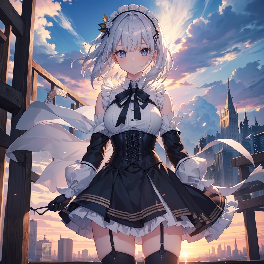 Illustration of one person, Dengeki Bunko, Woman Looking Back, Perfect Human Medicine, Woman keeps falling, {{{{{Maid clothes}}}}},Small Tits,anime, Two legs, Cool,{{{{{50 year old woman}}}}} ,{{{{{a person is depicted}}}}},(Official Art、{{{{{Upper Bodyアングル}}}}},Highest quality、Unity 8k wallpaper、32k、masterpiece、Ultra-detailed、Ultra-high resolution, Realistic、Grab your hair with your hands, Photorealistic:1.2)、(Cinema Lighting:1.2)、,Fire Glow Effect、The most grainy shadows on the film、Rim Light、Side light、Side Shot、(Ultra-detailedで複雑な3Dレンダリング)、Very short hair, Short wolf hair,細部までBeautiful Faceと目、Sharp pupils、Realistic生徒、Slender、Highly detailed background、Beautiful Face、Beautiful 16 year old girl、(Ultra-detailedなスキン、Detailed skin texture:1.Silver Hair:1.3)、Blunt bangs、blue eyes、{{{{{黒いMaid clothes}}}}}、White apron costume、Black knee socks、(Thighs Thighs Thighs Thighs:0.8)、Black Bhutanese sticks and a beautiful sunset、Medieval castle、Dancing on the Tower Roof、(avert your eyes、Overlooking the city:1.3)、Fantastic、Close your mouth and bite, Makes your face smaller, (Tabletop), Highest quality, Perfect Face, 1 Girl, alone, Eye color is light blue, Hair between the eyes, Very Short Hair, blue eyes, Silver Hair, Knee-high boots, corset,Black gloves, Long sleeve, Upper Body,