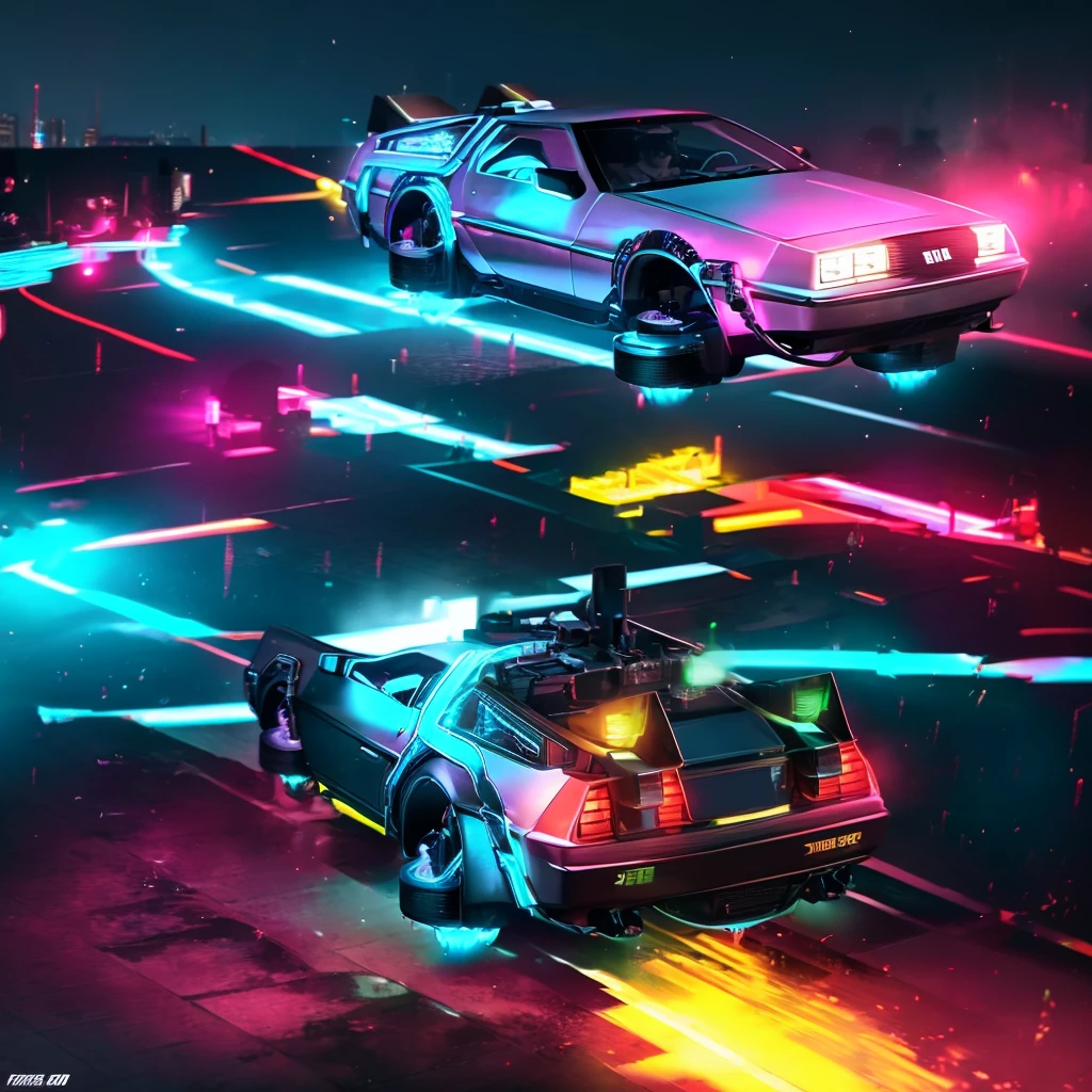 Delorean,Back to the Future,time Machine,Floating,neon,Very fine LED particles,8K,RAW Photos,Highest quality,masterpiece,reality,Very detailed,bfdlrn,