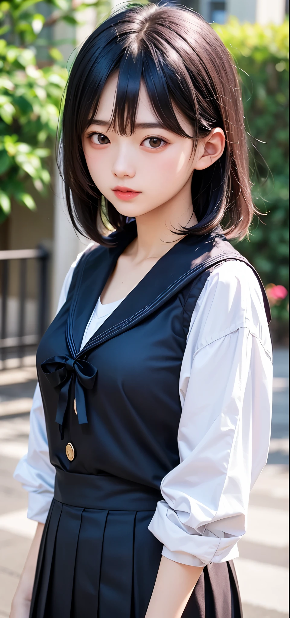 (1 nogizaka girl,15years old face,raw photo,photo realistic:1.5),(best quality, high quality,HDR, highest quality,ultra high resolution,high resolution,high res,ultra high difinition,huge file size,8K,2K wallpaper,8K wallpaper,high quality texture,amazing,an extremely delicate:1.4),one girl, Japanese famous idol,cute face,small face,absurd,ridiculous,incredibly ridiculous,blurry background,(school uniform,sailor suit,short hair,cleavage,no makeup:1.2),medium skin,beautiful skin,detailed skin,black hair,silky hair,black eyes,Japanese nose,5-fingers,(Light Particles, Lens Flare, Luminous Particles: 0.7),looking at viewer,small hands,bright lighting,professional lighting,girl