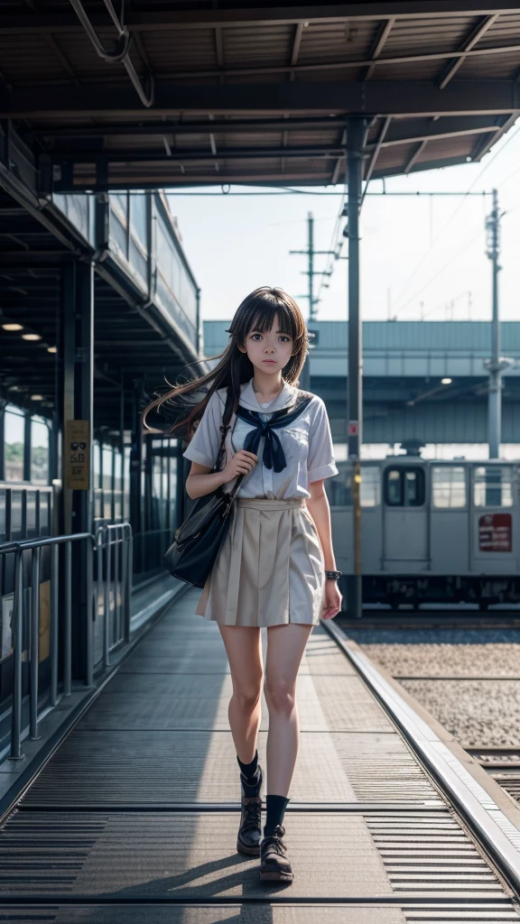Anime girl with long hair walking on a train platform., Kantai Collection Style, railgun, Perfect, kantai collection gallery, cancolle, Makoto Shinkai Style, visual anime of a cute girl, makoto shinkai art style, beautiful anime high school girl, 4K anime style, official artwork, Shinkai Makoto