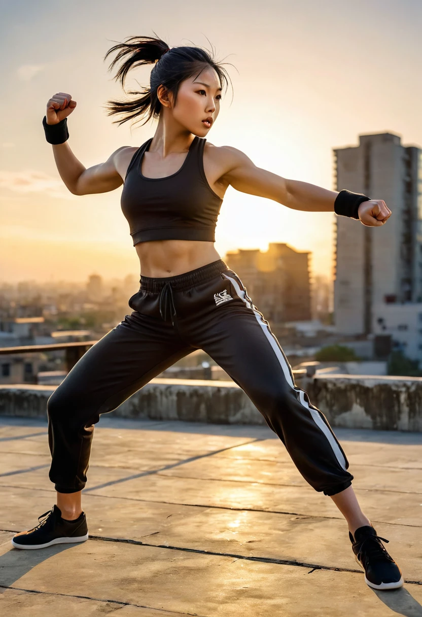 A photorealistic image of a young Asian woman training to be a street fighter. She is outdoors, on a weathered concrete rooftop at sunset. The girl is in a powerful stance, mid-air performing a roundhouse kick. Her right leg is extended straight, foot flexed, with a faint light streak trailing behind her shin to show the kicking motion, similar to manga art. She wears worn athletic clothing, including a tank top and ripped black joggers. Her determined expression is etched with concentration. The golden light of the setting sun casts long shadows and highlights the dust particles in the air.