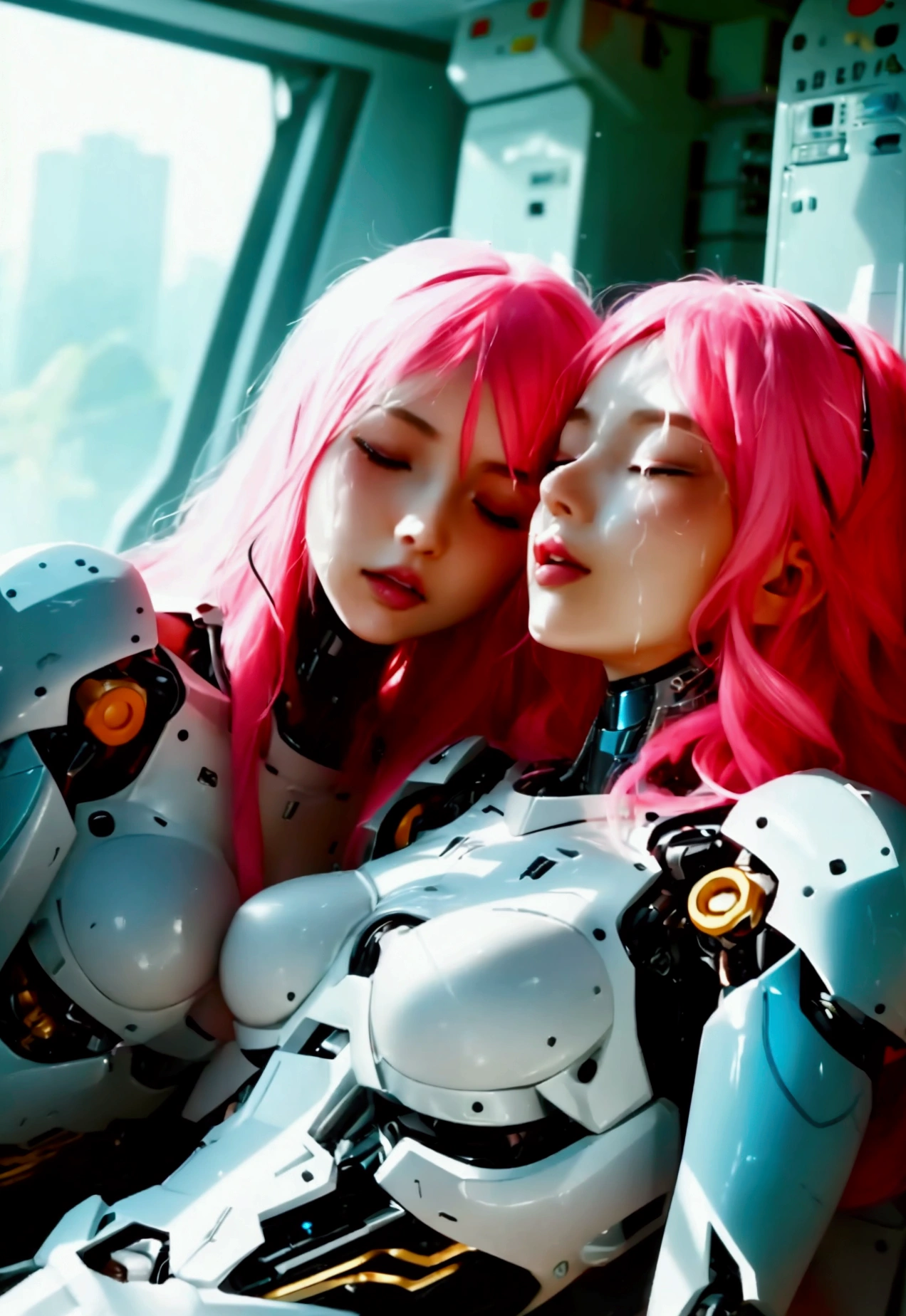 2 Robotic girls, inside capsule, naked, long hair, big breast, pink hair, white hair, wet body, machines around, interior, closed eyes, on top, logic anathomy body, 2 girls, long shot, sex missionary pose, seductive face, lying, orgasm face