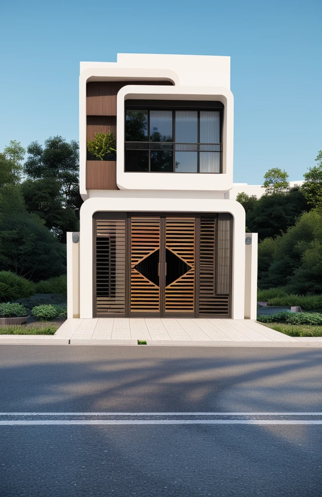 1 morden house, cofe space:1.4, main material by white wall and wood, large yard, 1 road runs in front of the house, (RAW photo, real, best quality, masterpiece:1.2), look morden minimalist, 1 road in front of the house, shime ring light, light brighteness from indoor:1.2, dynamic lighting:1.3, (hyper realistic, photo-realistic:1.2), high quality, (dark lighting:1.2), perfect lighting, archdaily