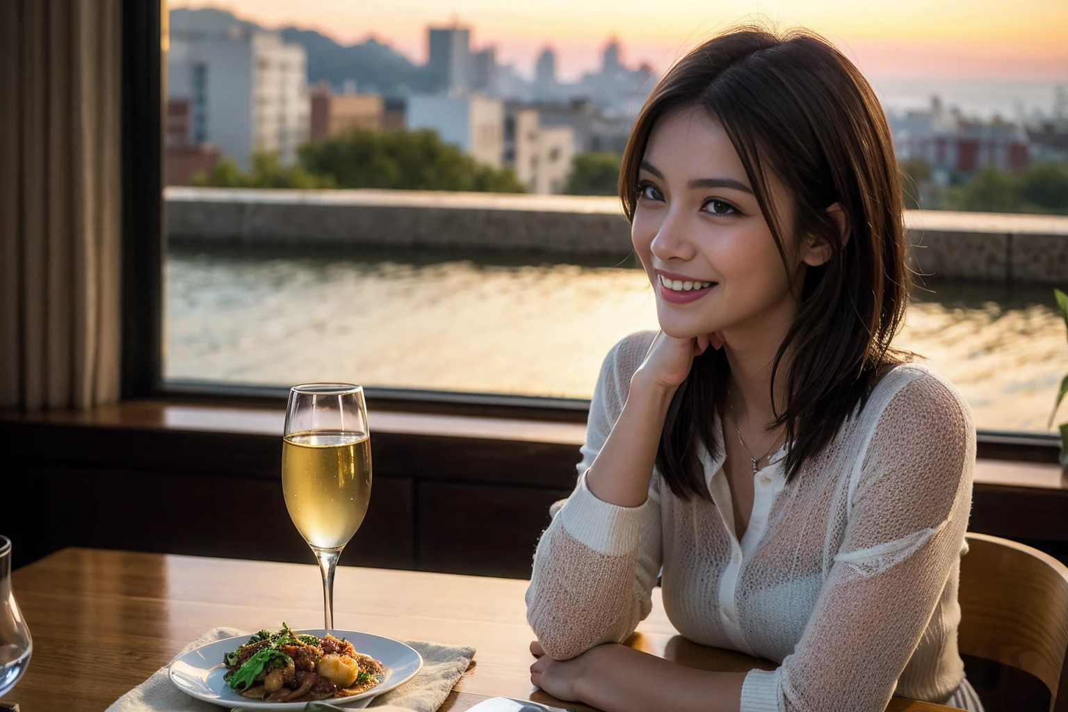 ((Highest quality、8K、masterpiece:1.3))、cute、slimカップル、modelカップル、actress男優、(Realistic, Intricate details:1.2), full-course dinner、Wine Party、Amazing view of the sunset sky and clouds、A bright smile、short hair,Bright Face、 (Age 45), 42 years old, red wine 、Appetizers、Italian food、Wine bottle、Champagne、sparkling wine、Two beauties、Brown Hair、Shortcuts、Long sleeve shirt、dress、Beautiful woman 1, (slimな顔), (The body is slim), (Brown Hair), (Shortcuts), cheeks turn a little red,Attractive beauty、restaurant, In a prominent place (From the waist up) Nova Frog Style, actress, model, Upper Body, White wine, slim, wine glass, 中央に置かれたwine glass, smile, (smile: 1.15), Beautiful fine grain, Depth f/2,saturation, High Contrast, Strong light and shadow,Moist Body:1.5、3D texture、Delicate eyes、Brown Hair、The hair is very shiny、