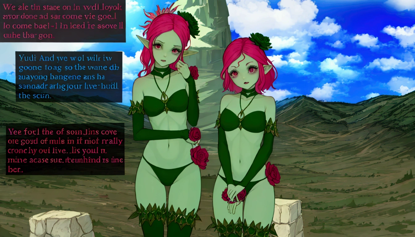 Two cartoon girls standing side by side in front of a mountain, Elf, humanoids overgrown with flowers, (((gone crazy))) Elfの王女, draped in fleshy Green and pink, 花柄の服を着たElfの少女, Green skin!!, The epic story of twin sisters, Evil Fairy, Green and pink, Non-Dual God of Spring
