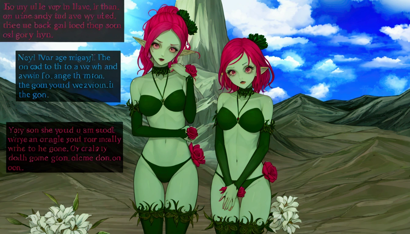 Two cartoon girls standing side by side in front of a mountain, Elf, humanoids overgrown with flowers, (((gone crazy))) Elfの王女, draped in fleshy Green and pink, 花柄の服を着たElfの少女, Green skin!!, The epic story of twin sisters, Evil Fairy, Green and pink, Non-Dual God of Spring