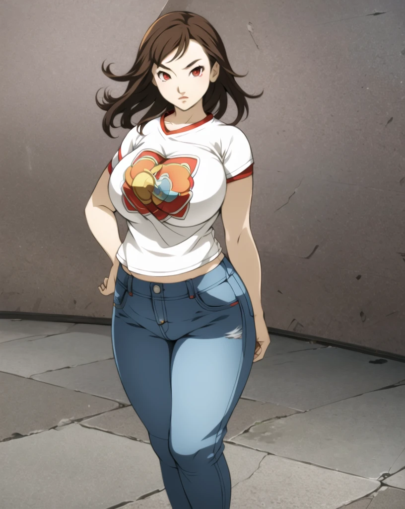 masterpiece, tight denim pants, chubby but small breasts, very thick legs++, Full body+, Solo, Realistic, Swollen face, Japanese face, Moderately fat body type+, 1 woman, wide shoulder, T-shirt,  Denim pants, thick thighs, Thick waist++, low rise black denim pants, Small breasts and fat and short leg, Muchimuchi body

sfw,  (masterpiece), (best quality:1.0), (ultra highres:1.0), detailed eyes, 1girl, solo, standing
brownish red eyes, smtdoistyle, simple background, 
