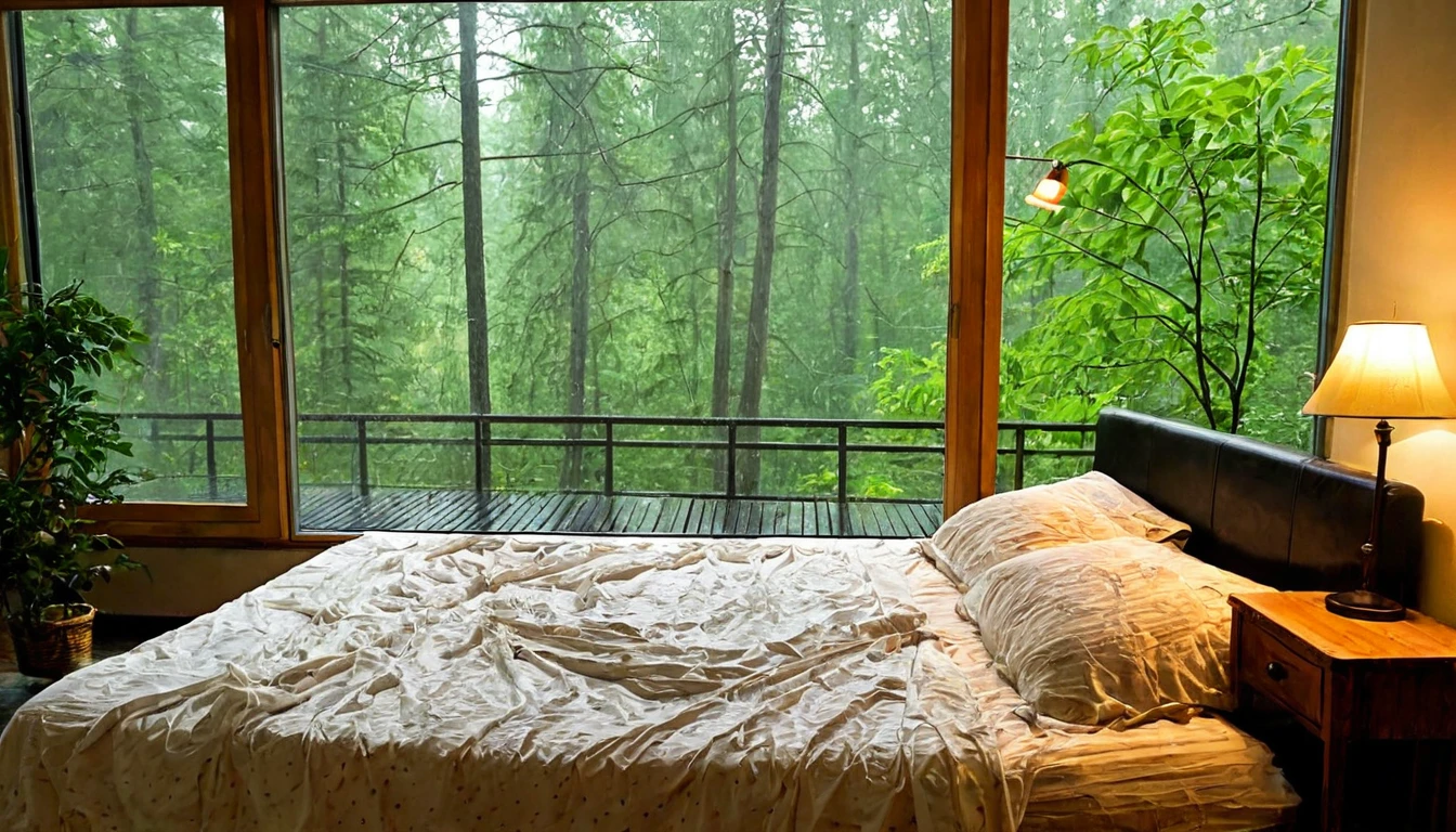 The image shows a cozy bedroom with a large window offering a view of a forest being drenched by rain. The bed is unmade with rumpled bedding, indicating recent use. Beside the bed, there is a small table with a classic lamp that is lit, casting warm light into the room. Outside the window, lush green plants can be seen in what appears to be a patio or balcony area, with rain visibly falling, creating a tranquil and peaceful atmosphere. The contrast between the indoor warmth and the outdoor rain creates an inviting and calming ambiance