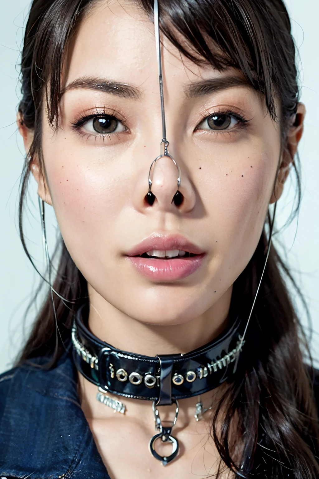 (nsfw:-2), (sfw:2), (realistic, photo-realistic :1.4), (Highest quality, masterpiece:1.2), RAW photo, high resolution, intricate details, extremely detailed, realistic and sharp details, portrait, (bust shot, frontal photography:1.2 ), solo, a Japanese beautiful woman, pretty woman, detailed face, detailed eyes, beautiful pupils, sophisticated nose, pale skin, fine-textured skin, (nose hook:1.5), (metal-collar with leash:1.3), collarbone, shoulders, t-shirt, skirt,
