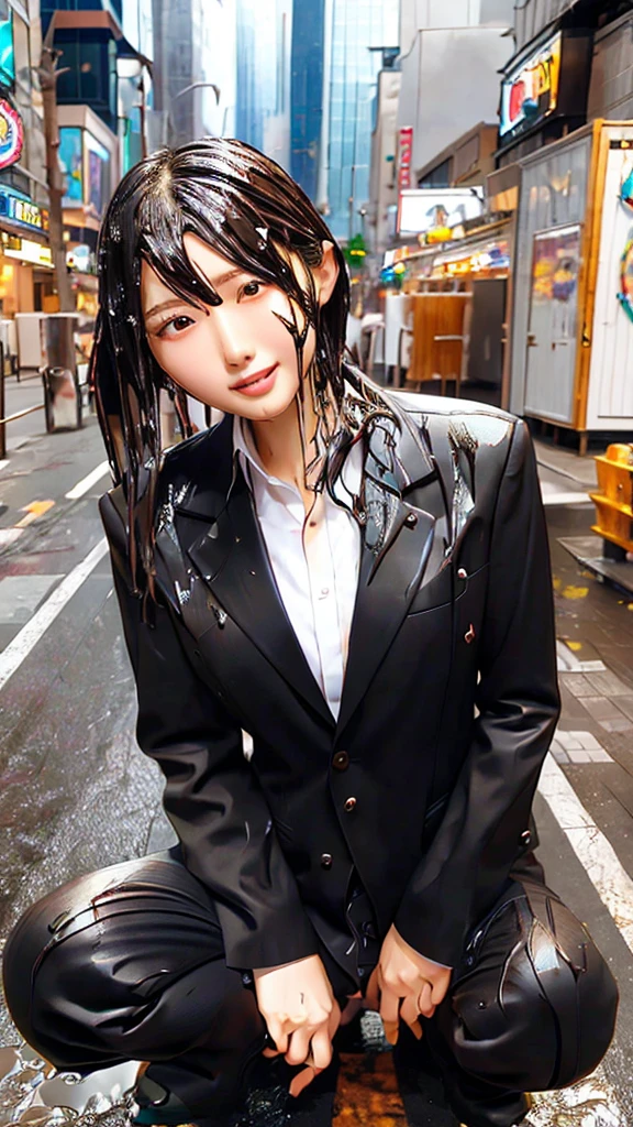 Highest,masterpiece,Highest品質,High resolution,high quality,Realistic,Medium Hair,Wet髪,Pants Style,High heels, Collared shirt,,Black jacket,suit:1.5,Wet,Sweat,orgasm,Fair skin,Oily skin,ID card,White chocolate:2.0,Embarrassed face:1.2,