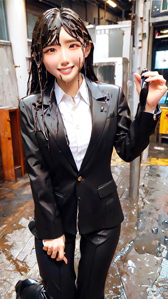 Highest,masterpiece,Highest品質,High resolution,high quality,Realistic,Medium Hair,Wet髪,Pants Style,High heels, Collared shirt,,Black jacket,suit:1.5,Wet,Sweat,orgasm,Fair skin,Oily skin,ID card,White chocolate:2.0,Embarrassed face:1.2,