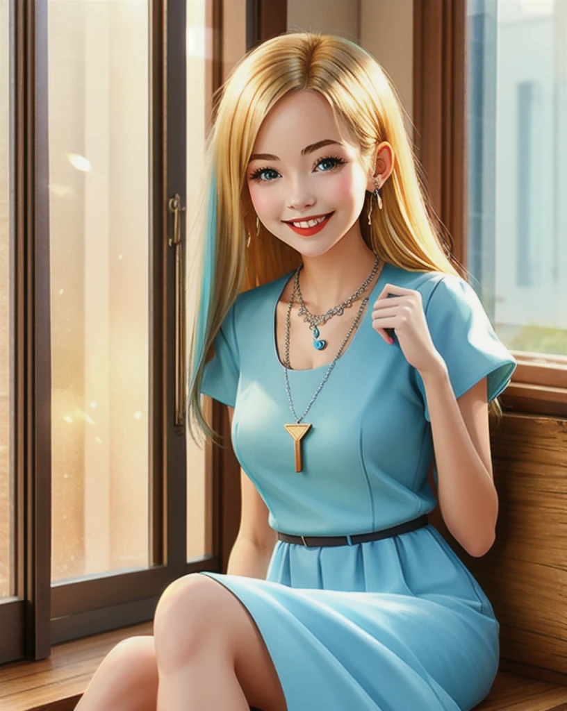 Digital Painting of 1girl,retro-styled light blue dress,blonde long hair,silver necklace,smiling,sitting next to a wooden window,
