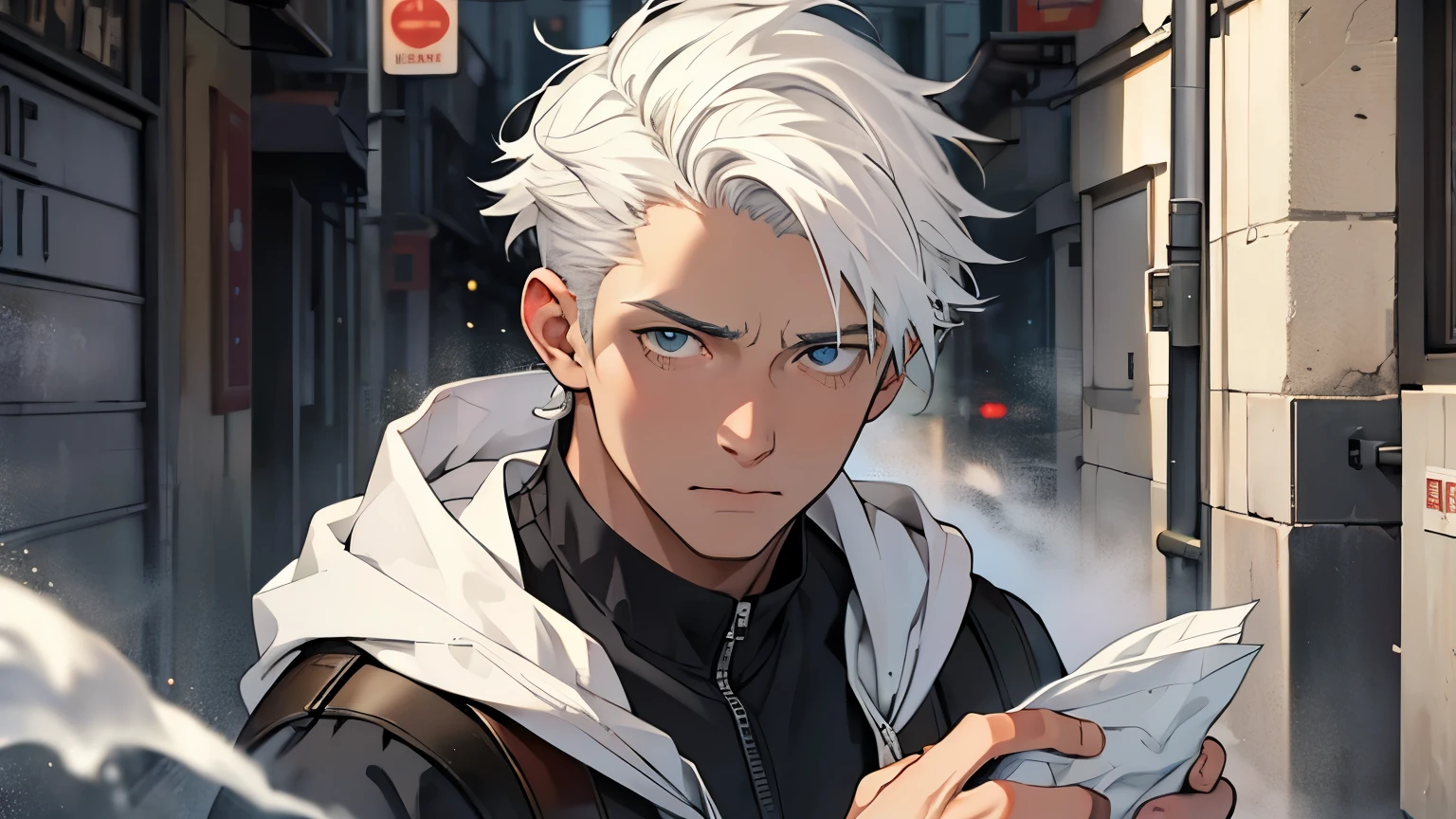 ((best quality)), ((work of art)), ((detailed)), man with short white hair, looking scared, holding a bag of white powder in his hands
