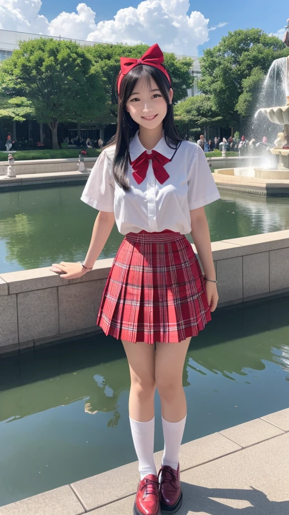 Japanese high school girl, smiling face, young face, long black hair, long straight black hair, red hairband, white short-sleeved blouse, red ribbon decoration on collar, red and black checkered pleated skirt, black socks, red shoes, standing in front of the fountain square, park, clear stream waterway, nostalgic scenery, blue sky and white cumulonimbus clouds