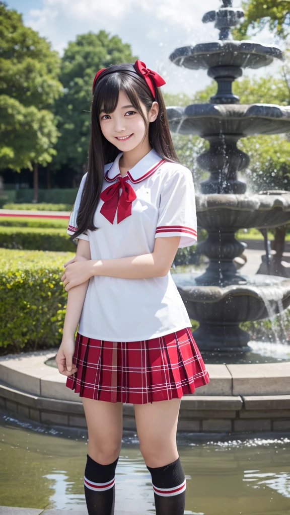 Japanese high school girl, smiling face, young face, long black hair, long straight black hair, red hairband, white short-sleeved blouse, red ribbon decoration on collar, red and black checkered pleated skirt, black socks, red shoes, standing in front of the fountain square, park, clear stream waterway, nostalgic scenery, blue sky and white cumulonimbus clouds
