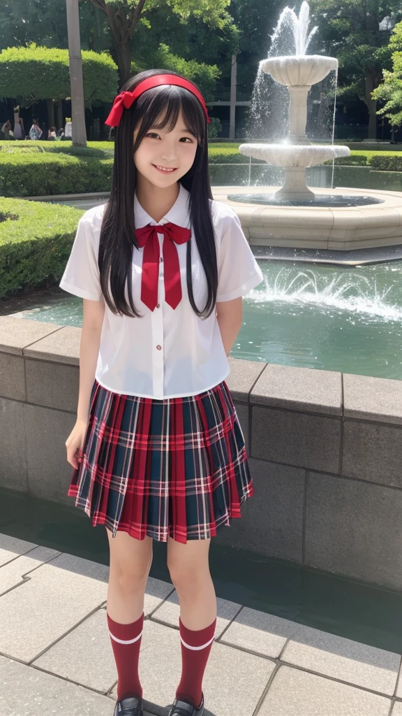 Japanese high school girl, smiling face, young face, long black hair, long straight black hair, red hairband, white short-sleeved blouse, red ribbon decoration on collar, red and black checkered pleated skirt, black socks, red shoes, standing in front of the fountain square, park, clear stream waterway, nostalgic scenery, blue sky and white cumulonimbus clouds