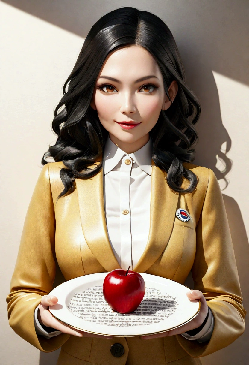 create a realistic, high-resolution image of a 35-year-old woman, perfect beauty, perfect cheekbone, long black hair, beautiful, business attire, serene and happy look, in a yellow suit, white blouse, medium 1:3 breasts smiling, holding a plate with 100K writing, golden plate and 100k writing in high relief brushed steel. This image represents a victory, an achievement, it is in an office. And on the office wall there is a company logo, a silhouette of a red apple, a small cable, a green leaf and in the middle written "SCI" ​​in high relief., photo, illustration, 3d render, fashion