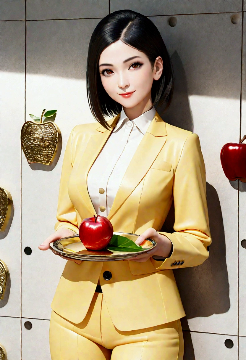 create a realistic, high-resolution image of a 35-year-old woman, perfect beauty, perfect cheekbone, long black hair, beautiful, business attire, serene and happy look, in a yellow suit, white blouse, medium 1:3 breasts smiling, holding a plate with 100K writing, golden plate and 100k writing in high relief brushed steel. This image represents a victory, an achievement, it is in an office. And on the office wall there is a company logo, a silhouette of a red apple, a small cable, a green leaf and in the middle written "SCI" ​​in high relief., photo, illustration, 3d render, fashion