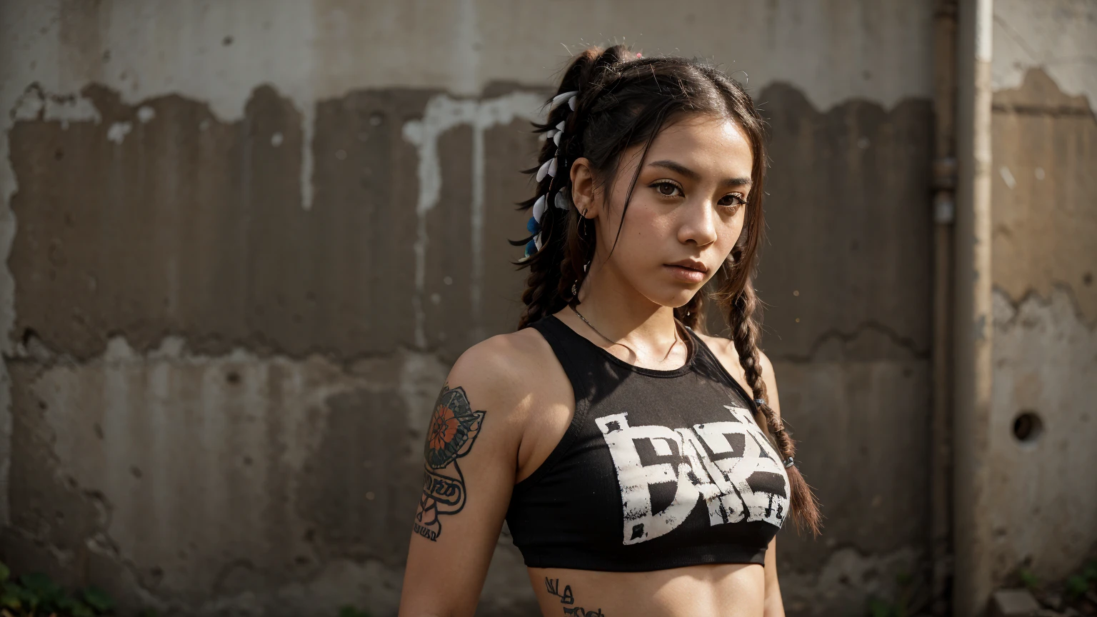 stylized artwork of soft filter. grunge filter. photorealistic. 8k. cinematic, very high resolution. maximum resolution. ultra realistic. unique beautiful face, realistic face, retro grunge photo ascetic. grunge mexican wall graffiti., full-body-tattooed. black-dreadlocks cute sexy asian girl, in marijuana buds , skimpy small red gym outfit. sunset