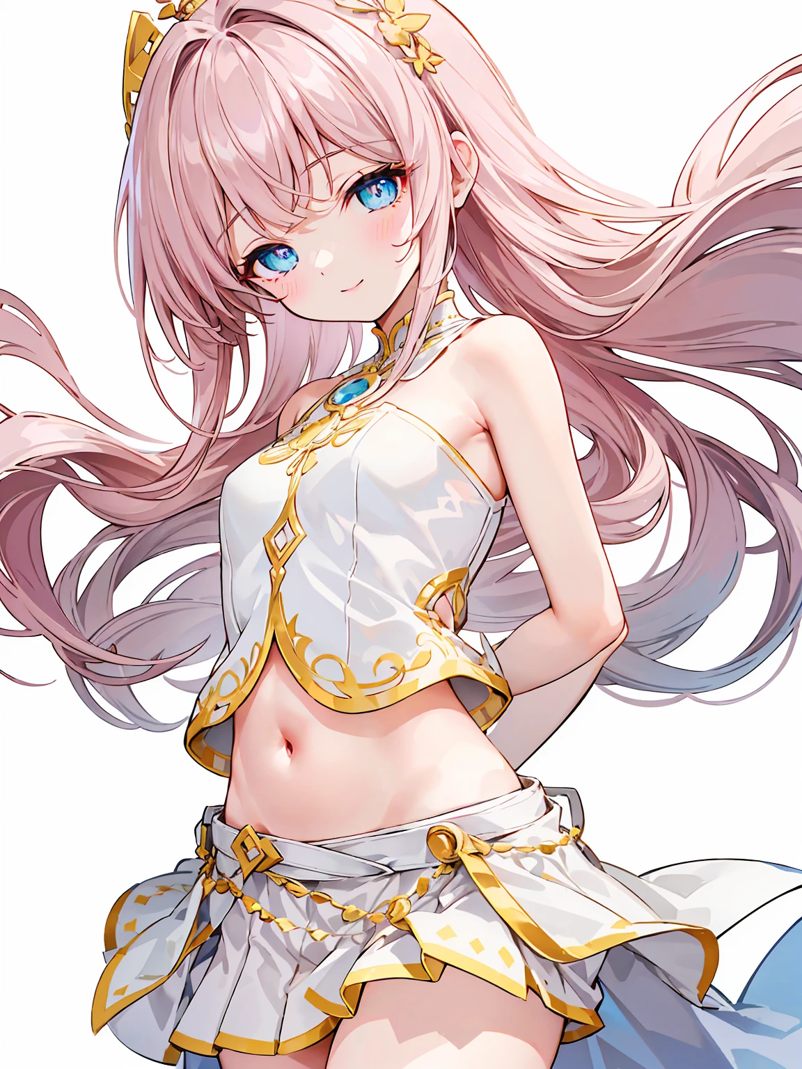 Full body ,standing,(เหมือนจริง:1.37)、(((Obra maestra, La mejor calidad, ultrahigh resolution))), 1girl, standing, , white office shirt, black pleated skirt, ((light brown hair:0.7)), long hair cut, pale skin, ((blue eyes)), glowing_eyes, neon eyes, (((ultra detailed eyes, beautiful and detailed face, detailed eyes))), ((centered)), smile, ((wide shot)), facing viewer, eye level, (sunset background), ????????????, looking at viewer, ((half closed eyes)), ((perfect hands)), (((head, arms, ????, elbows, in view))), ((hands behind back)), empty eyes, beautiful lighting, outside, outdoors, background, defined subject, (massive hot sun), 25 years old, (white background), Transparent background, looking down, ((masterpiece, illustration, best quality)) 