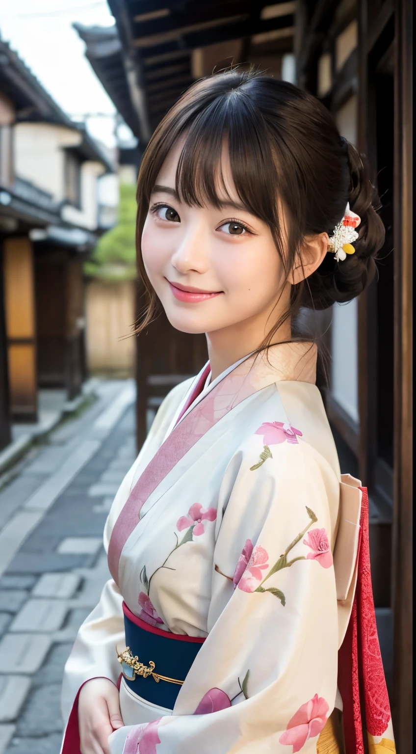 Professional Lighting,(Realistic:1.4), (Top image quality:1.0), (超High resolution:1.0), 8K, Raw photography, (masterpiece:0.2), (Dealing with the Children_v1:0.5)、(最高quality Detail:1.2)、Realistic、8K Ultra HD、High resolution、(1 Girl:1.2)、超detailedな、High quality textures、複雑なdetailed、detailed、Very detailed CG、High quality shadows、detailed 美しく繊細な顔、Beautiful details and a delicate eye、(Symmetrical eyes:1.2),Written boundary depth、Ray Tracing,1 Girl, Japanese Girls, (Natural smile:1.4),cute, thin, Portrait of a beautiful Japanese woman in a kimono, Standing elegantly on a street corner in Kyoto. Kimono with vibrant traditional patterns, Hair decorated with elegant and delicate hairpins, Gentle expression. (With the old streets of Kyoto in the background:1.4)、The soft light of a spring afternoon、Adding tranquility to the scene. Rendered in a Realistic style with great attention to detail, High resolutionの画像.Sky Porn, Magic Hour, (Realistic:1.3), finely, quality, (Tabletop:1.2), (Realistic:1.2), (最高quality), (複雑なdetailed), dramatic, Ray Tracing, photograph, +roller