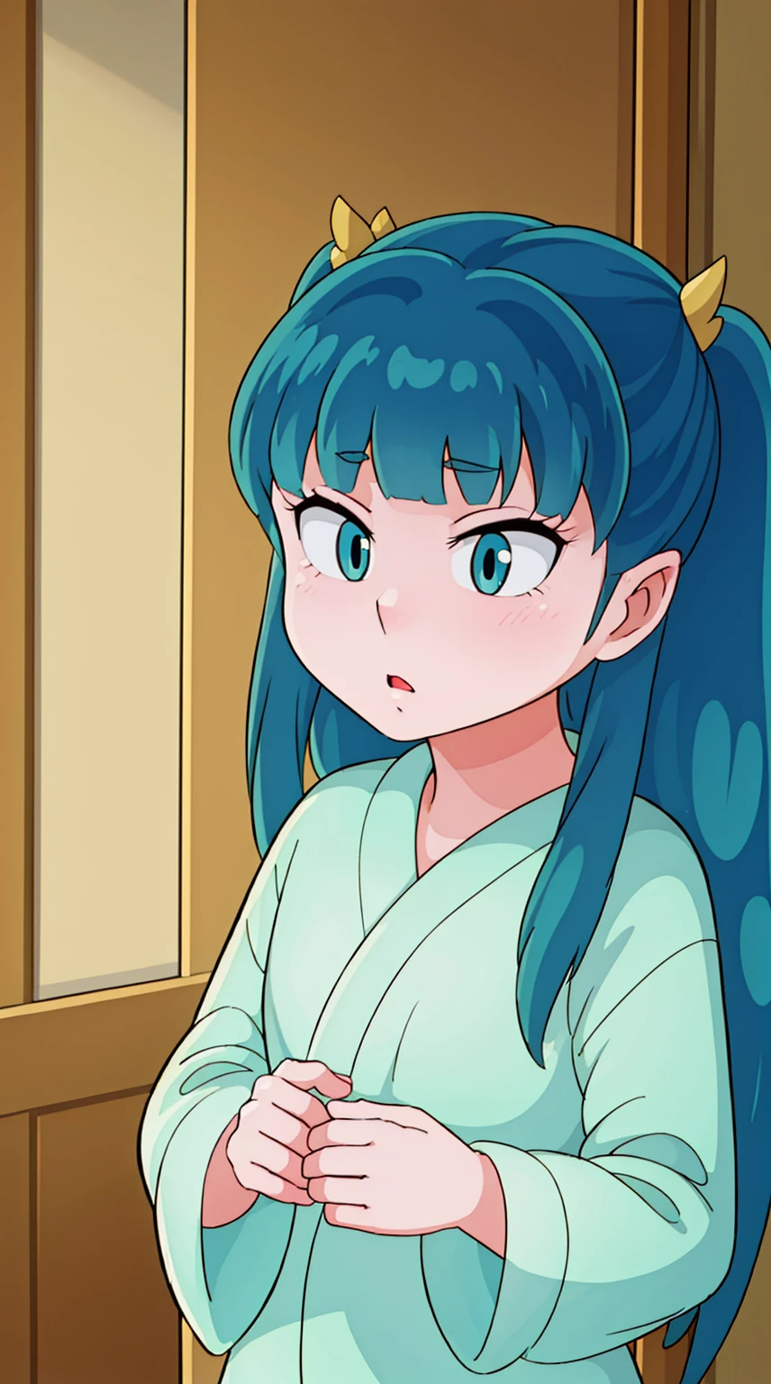 Lum, 1girl, long hair, bangs, beautiful detailed eyes, beautiful detailed lips, extremely detailed eyes and face, long eyelashes, young teenage girl, indifferent facial expression, green eyes, maid outfit, barefoot, indoor room setting, gloomy atmosphere, (best quality,4k,8k,highres,masterpiece:1.2),ultra-detailed,(realistic,photorealistic,photo-realistic:1.37),intricate details,cinematic lighting,moody colors, wave mouth,