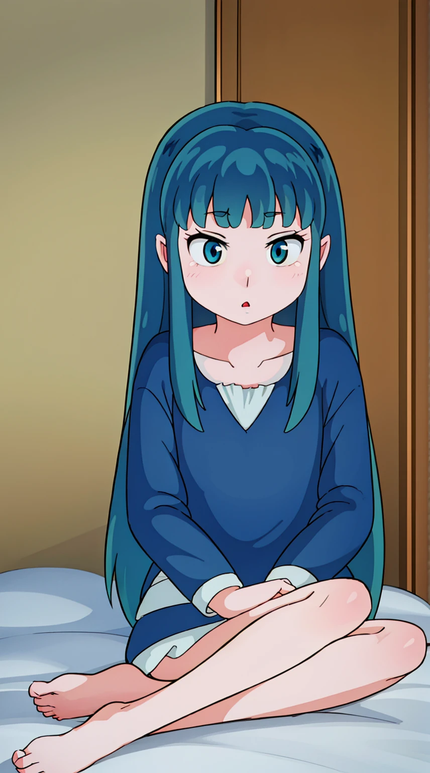 Lum, 1girl, long hair, bangs, beautiful detailed eyes, beautiful detailed lips, extremely detailed eyes and face, long eyelashes, young teenage girl, indifferent facial expression, green eyes, maid outfit, barefoot, indoor room setting, gloomy atmosphere, (best quality,4k,8k,highres,masterpiece:1.2),ultra-detailed,(realistic,photorealistic,photo-realistic:1.37),intricate details,cinematic lighting,moody colors, wave mouth,