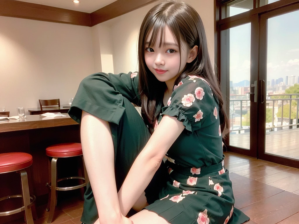 (Highest quality, masterpiece, Ultra-high resolution, 8K, RAW Photos, Realistic, Anatomically correct:1.5), 20-year-old girl:1.2, Embarrassing, avert your eyes, blush:1.0, View Viewer, ((bar)) 、Large windows、Night view、 Light:1.2, Bokeh, Cinema Lighting:1.0, Depth of written boundary, sharp、 Cute face、Idol、Wine colored short sleeve lace top、Black pleated skirt、Shiny wine-colored clothing、”dwarf”、(Floral clothes)、(Full Body Shot)、Side angle、Cowboy Shot、 smile、((Ultra short hair、Berry Short))、(Straight bangs)、((See-through))、(( One Girl))、Waist、I can see your thighs、