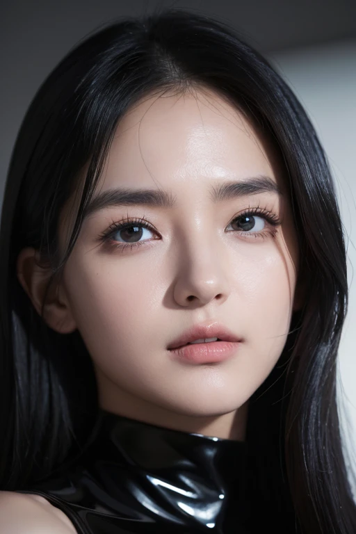 (RAW Photos:1.2)、Highest quality、Beautiful detailed girl、Tight black bodysuit、Black Latex Bodysuit, Laughter、Highly detailed eyes and face、Beautiful and detailed、Large file size、High resolution、High resolution、More about 8k wallpaper、Highly detailed Ticker uniform 8K wallpaper、Light on the face、Cinema Lighting、18-year-old girl、Sexy pose、(Photorealism:1.4)、Consciousness upward、Surrealism、 From below、Super detailed、masterpiece