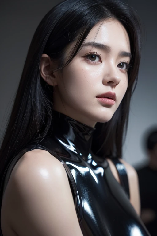 (Raw photo:1.2)、Highest quality、Beautiful detailed girl、Tight bodysuit、Latex bodysuit, Laughter、Highly detailed eyes and face、Beautiful and fine details、Large file size、High resolution、High resolution、8k wallpaper details、Highly detailed Ticker uniform 8K wallpaper、Light on the face、Cinema Lighting、18-year-old girl、Sexy pose、(Photorealism:1.4)、Awareness-raising、Surrealism、 From below、Super Detail、masterpiece