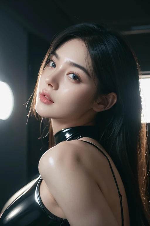 (RAW Photos:1.2)、Highest quality、Beautiful detailed girl、Tight black bodysuit、Black Latex Bodysuit, Laughter、Highly detailed eyes and face、Beautiful and detailed、Large file size、High resolution、High resolution、More about 8k wallpaper、Highly detailed Ticker uniform 8K wallpaper、Light on the face、Cinema Lighting、18-year-old girl、Sexy pose、(Photorealism:1.4)、Consciousness upward、Surrealism、 From below、Super detailed、masterpiece