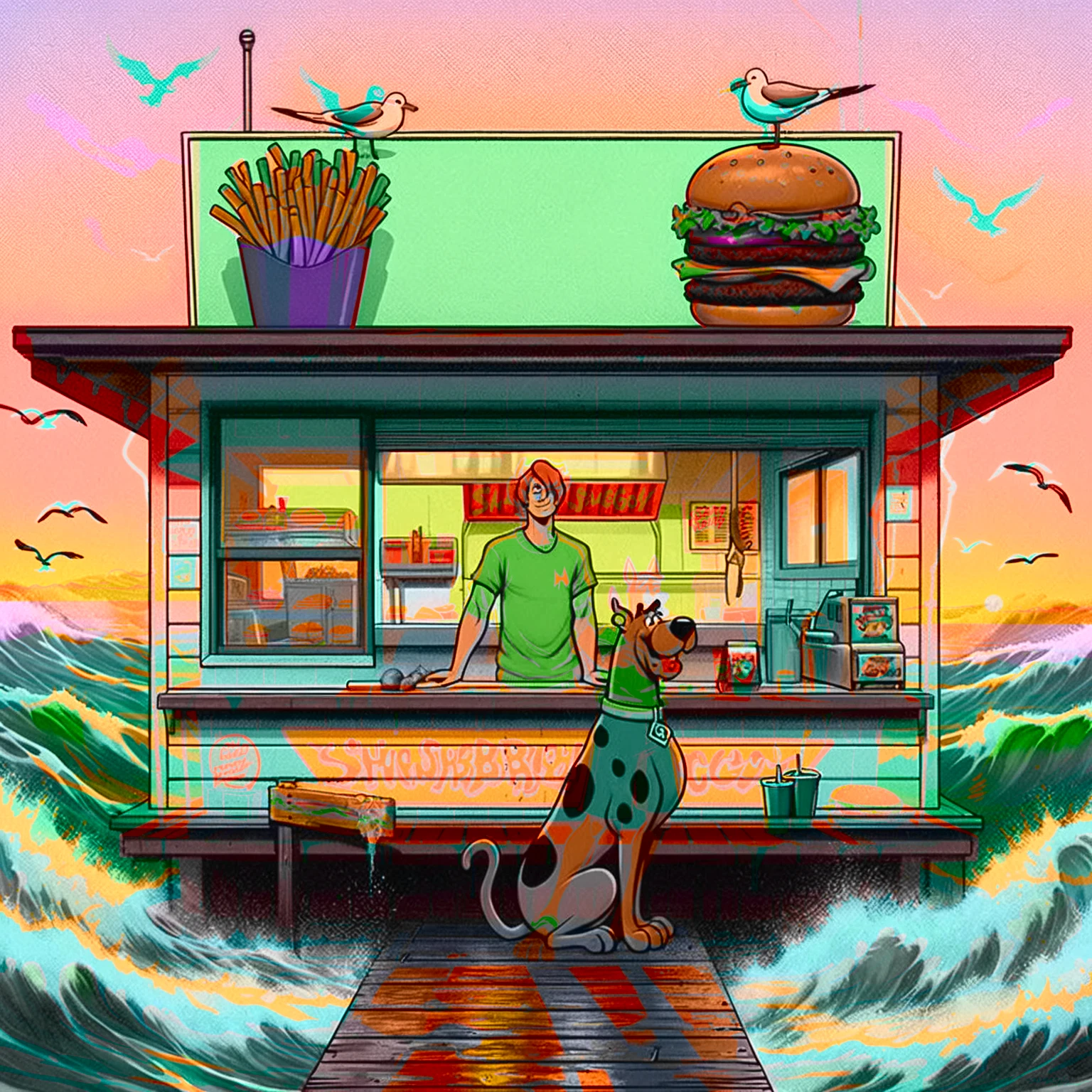 no light source, overwhelming darkness, maximal abyss, Sunset, dim glow, neon, dazzling, warm dark rich coloring, Scooby Doo distinct to original cartoon, ocean front fast food shack, operated by Scooby Doo and Shaggy, waves, sea breeze, seagulls, The scene is minimal, serene, perfect, strange, candid, cinematic, surreal, and timeless. The hamburger grill is lost in space, standing against a blank canvas. The style is a mix of realism and cartoon, with 90s comic aesthetics, expressive ink work, cinematic compositions, and nuanced details. The style is reminiscent of Joelle Jones and 90's scooby doo animated tv show, shaggy wearing tropical green sweater, scooby doo distinct art style,
