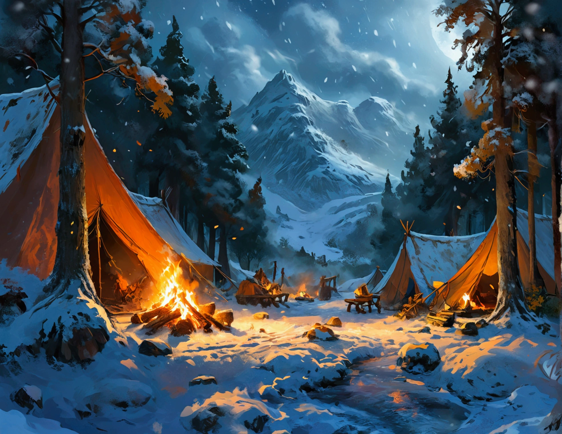 Illustration a village (( Campsite )) Viking faced a relentless blizzard. Surrounding by a forest 