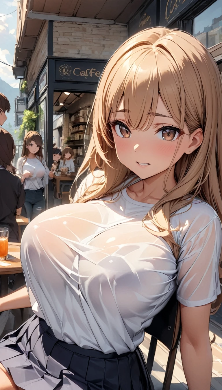 woman、 Age 25, Brown eyes, Shiny skin、Long brown hair, Wearing a white shirt, See-through 、Big Breasts,Center View, High resolution, Ultra Sharp, 8K, masterpiece、Cafe、Juice on the table in front of me、((Crowded store))、Sitting on a chair、(Put your back on the backrest)、shy、Reluctantly、((valleyをアピール))、、Pleated skirt、The gesture of hiding pants、(((深いvalley)))、valley、Full body shot、