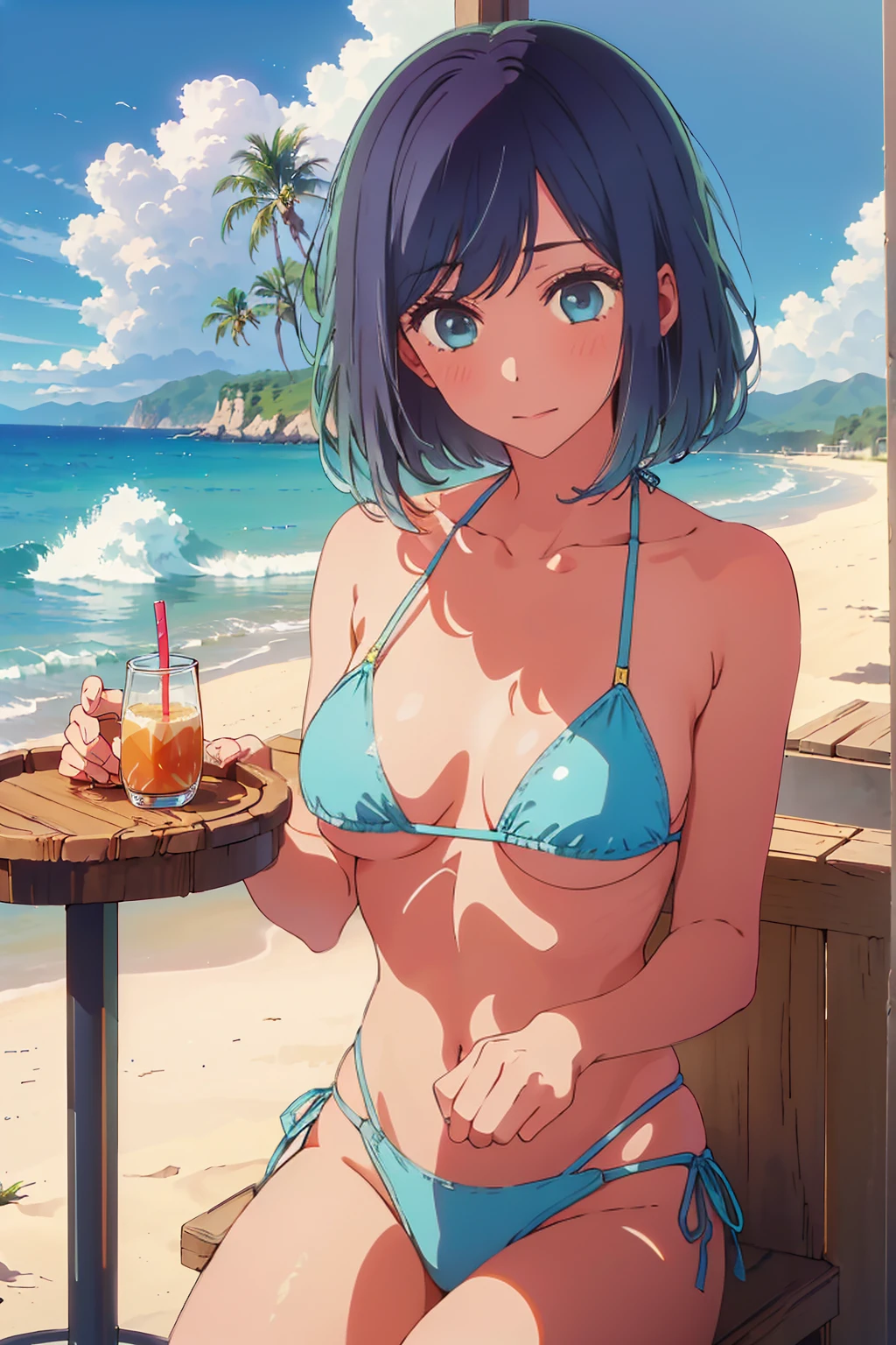 (Highest quality:1.4、masterpiece:1.4、Super detailed:1.4、8K:1.4)、((((1 person、Surprised expression、sit、Cafe Terrace、coastal、juice、table、Sandy Beach、juiceのグラスを持つ、Micro Bikini、Very soft boobs、Big eyes、Very cute face))))、(Areola protrudes from the bikini:1.4)、F cup bust、Medium breast、Underboob