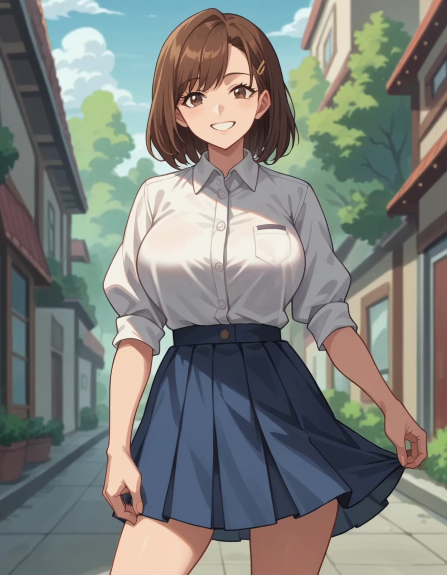 score_9, score_8_up, score_7_up, source_anime, anime screencap, 1girl, brown hair, medium hair, big breasts, skirt, standing, smile, cowboy shot, looking at viewer, outdoor