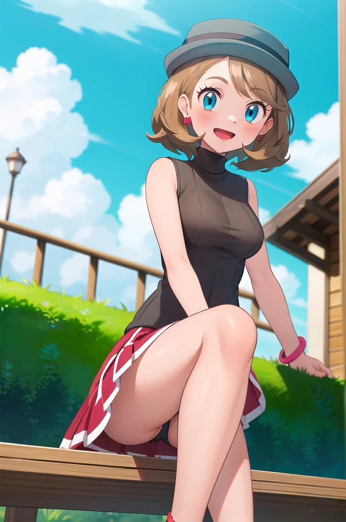 gonzarez, Masterpiece, serene, 1 girl, gray hats, Alone, jewelry, Thighs, sleeveless turtleneck, turtleneck, Skirt, SMILE, sweater vest, by rubio, earrings, has, Blue eyes, sleeveless, Open mouth, eyelashes, vest, blush, old, medium hair, bracelet, looking at the viewer, outdoor, black Thighs, brown Thighs, sky, day, shine, bright, cloud, pleated Skirt, red Skirt, cowboy shot, sitting with legs open