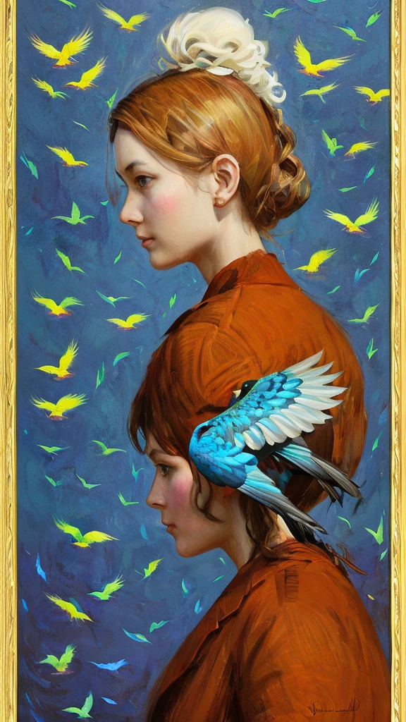 Stylized, artistic illustration featuring a young person with pale skin and long, dark hair, partially obscured by a flock of vibrant blue birds. The subject's facial features are delicate, with large, expressive eyes that gaze directly at the viewer. The birds are intricately detailed, with varying shades of blue and yellow beaks, surrounding the person in a protective, almost overwhelming manner. The background is a muted, soft gray, allowing the blue of the birds and the subject's dark hair to stand out prominently. In the bottom left corner, there is text in a bold, white font that reads 'MIDJOURNEY' along with smaller text in a different language. The overall composition is both striking and surreal, blending elements of fantasy and realism.