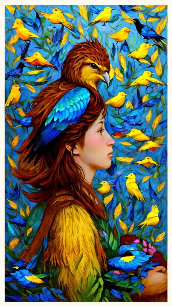 Stylized, artistic illustration featuring a young person with pale skin and long, dark hair, partially obscured by a flock of vibrant blue birds. The subject's facial features are delicate, with large, expressive eyes that gaze directly at the viewer. The birds are intricately detailed, with varying shades of blue and yellow beaks, surrounding the person in a protective, almost overwhelming manner. The background is a muted, soft gray, allowing the blue of the birds and the subject's dark hair to stand out prominently. In the bottom left corner, there is text in a bold, white font that reads 'MIDJOURNEY' along with smaller text in a different language. The overall composition is both striking and surreal, blending elements of fantasy and realism.