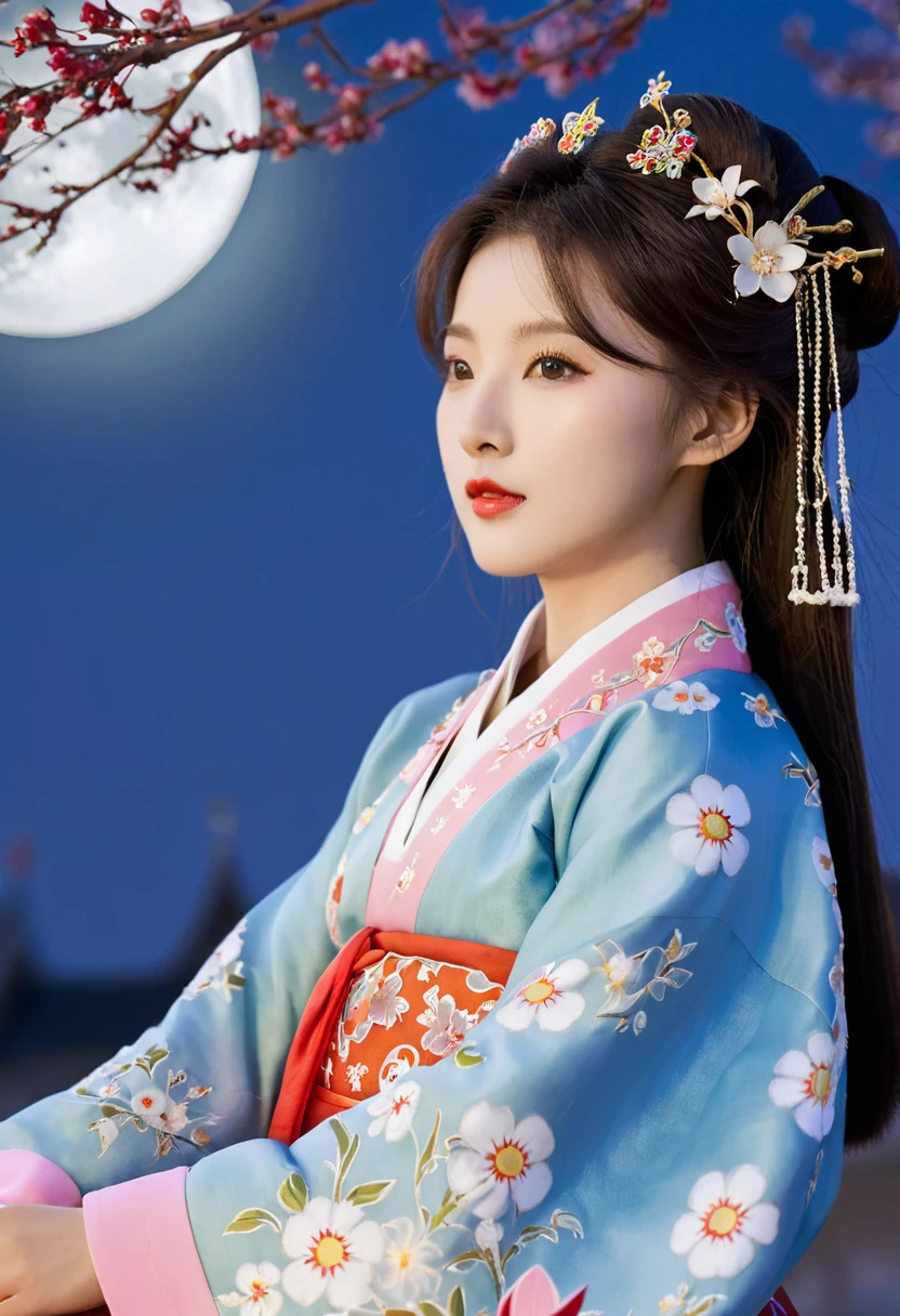 best quality, High target_solve, clearly_image, Detailed background ,girl, Hanbok,flower,flower园,moon, night,Hook of Holland, Wide-angle lens, crown,  