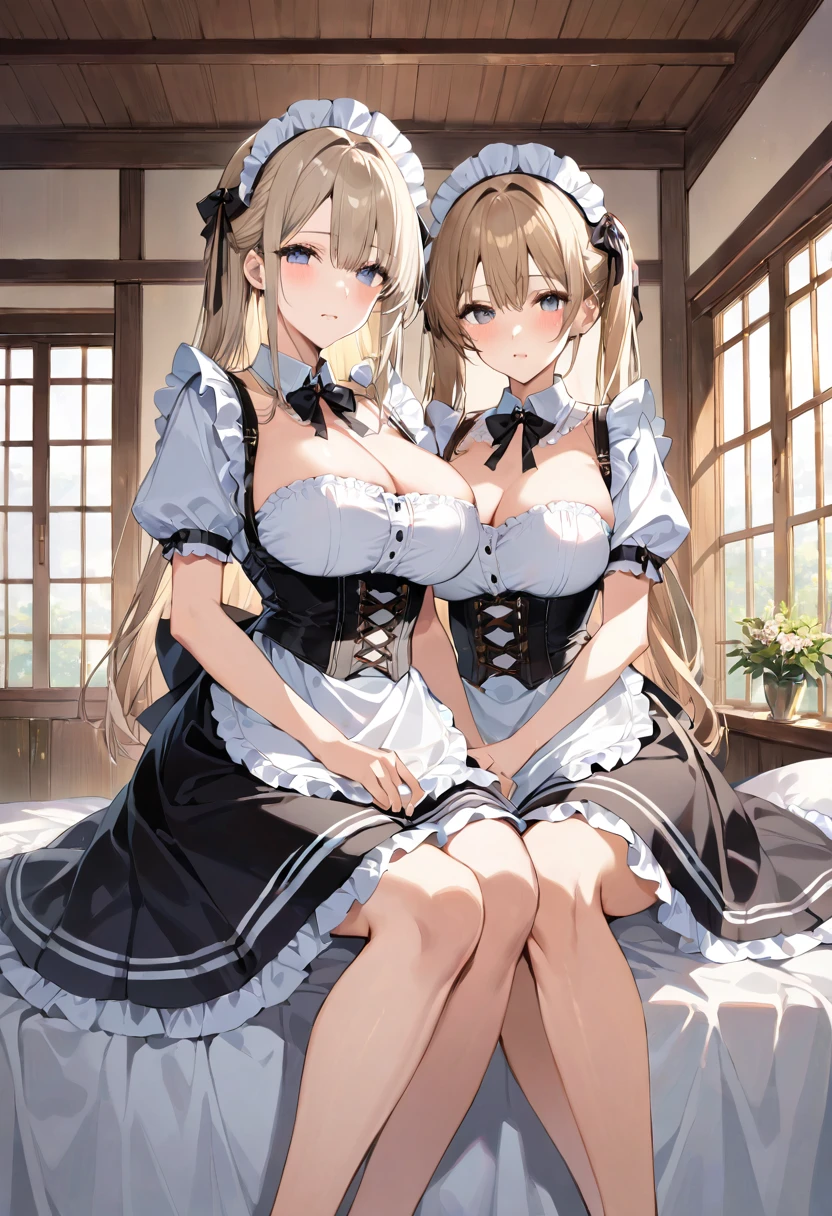 masterpiece, best quality, ultra detailed, detailed eyes, sparkling eyes, nsfw, ((large breasts)), The image depicts two young women dressed in maid outfits, sitting on a bed in a well-lit room with wooden interiors. The woman on the left has long, dark hair with a bow, and is wearing a black and white maid dress featuring a lace-up corset and puffy sleeves. Her outfit contrasts with her pale skin and gives her a classic, elegant look. The woman on the right has long, blonde hair, also adorned with a bow, and is wearing a similar black maid dress with a white blouse underneath. Both women have a calm, slightly shy expression, with large, expressive eyes that add a touch of innocence to their appearance. The room they are in appears cozy and traditional, with wooden beams on the ceiling and ample natural light coming through the windows, creating a warm and inviting atmosphere. The overall aesthetic of the image is charming and nostalgic, reminiscent of a vintage or anime-inspired style.
