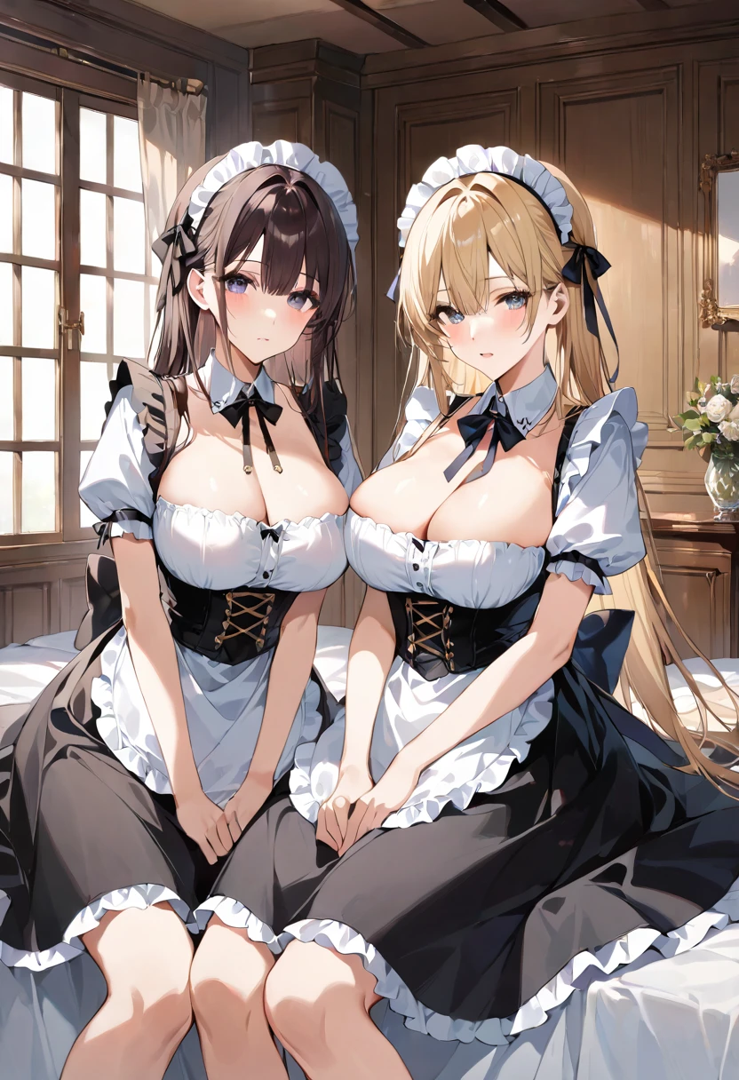 masterpiece, best quality, ultra detailed, detailed eyes, sparkling eyes, nsfw, ((large breasts)), The image depicts two young women dressed in maid outfits, sitting on a bed in a well-lit room with wooden interiors. The woman on the left has long, dark hair with a bow, and is wearing a black and white maid dress featuring a lace-up corset and puffy sleeves. Her outfit contrasts with her pale skin and gives her a classic, elegant look. The woman on the right has long, blonde hair, also adorned with a bow, and is wearing a similar black maid dress with a white blouse underneath. Both women have a calm, slightly shy expression, with large, expressive eyes that add a touch of innocence to their appearance. The room they are in appears cozy and traditional, with wooden beams on the ceiling and ample natural light coming through the windows, creating a warm and inviting atmosphere. The overall aesthetic of the image is charming and nostalgic, reminiscent of a vintage or anime-inspired style.
