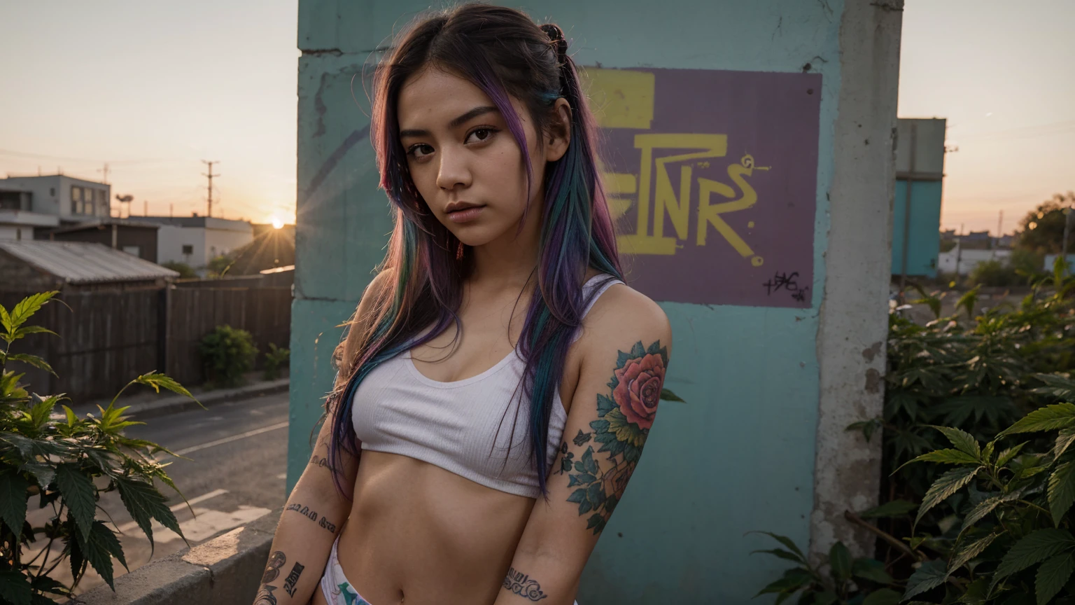 stylized artwork of soft filter. grunge filter. photorealistic. 8k. cinematic, very high resolution. maximum resolution. ultra realistic. unique beautiful face, realistic face, retro grunge photo ascetic. grunge mexican wall graffiti., full-body-tattooed. rainbow hair. teen cute sexy asian girl, in marijuana plants buds crop, skimpy small red gym outfit. sunset