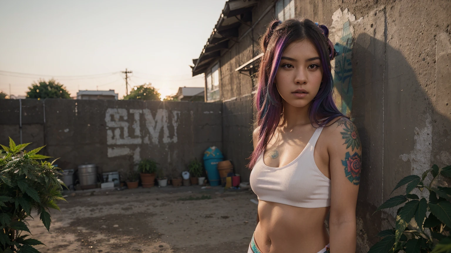 stylized artwork of soft filter. grunge filter. photorealistic. 8k. cinematic, very high resolution. maximum resolution. ultra realistic. unique beautiful face, realistic face, retro grunge photo ascetic. grunge mexican wall graffiti., full-body-tattooed. rainbow hair. cute sexy asian girl, in marijuana plants buds crop, skimpy small red gym outfit. sunset