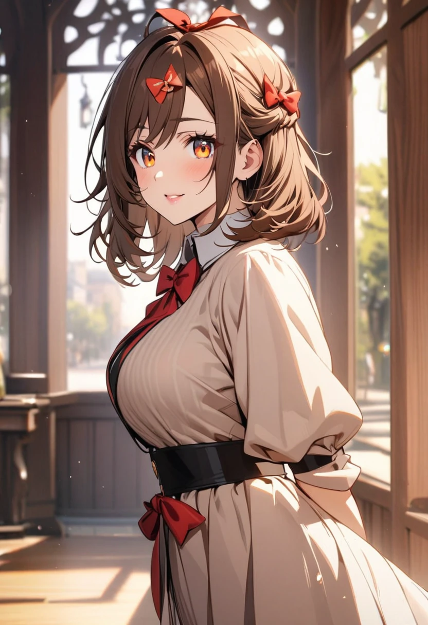 girl, beautiful, mature, brown hair, brown eyes, red bow, low twintail, best quality, long hair
