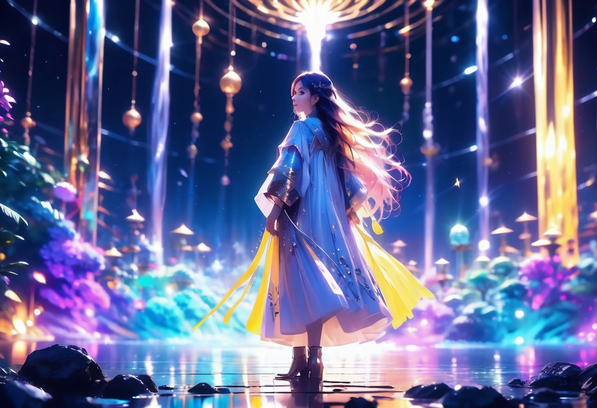 (((zoom out))),8K,((Highest quality)),((high-res)),((shot from behind)),night,She stands front of an magical world, ,soft focus,thank you!